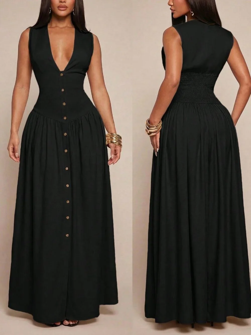 Black Elegant Minimalist Women's Long V-Neck Sleeveless Dress - Picture 7 of 7